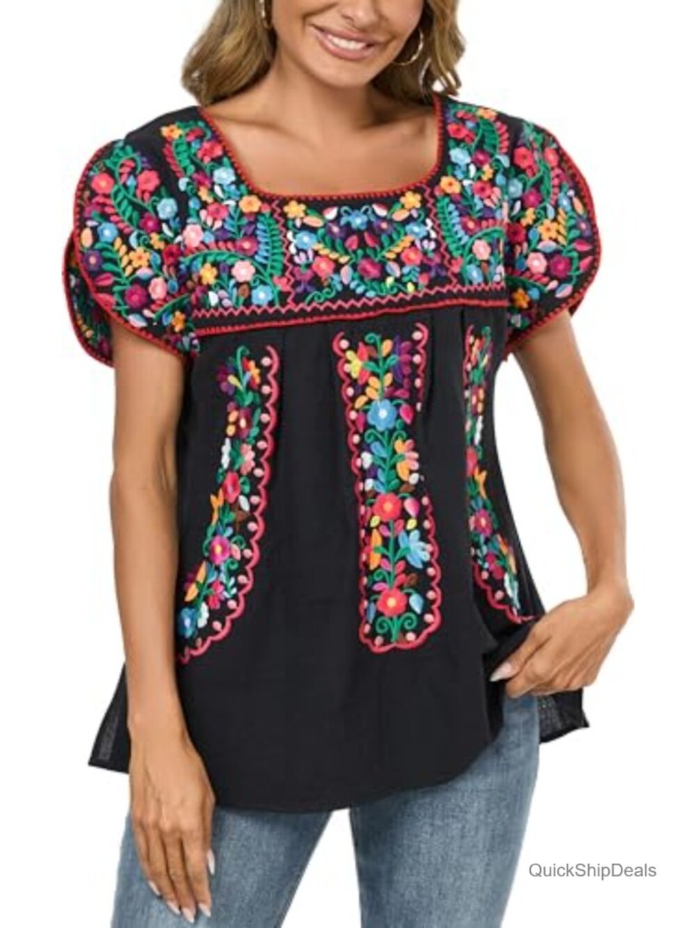 Embroidered Peasant Tunic Blouse 100% Cotton Floral Boho Summer Top